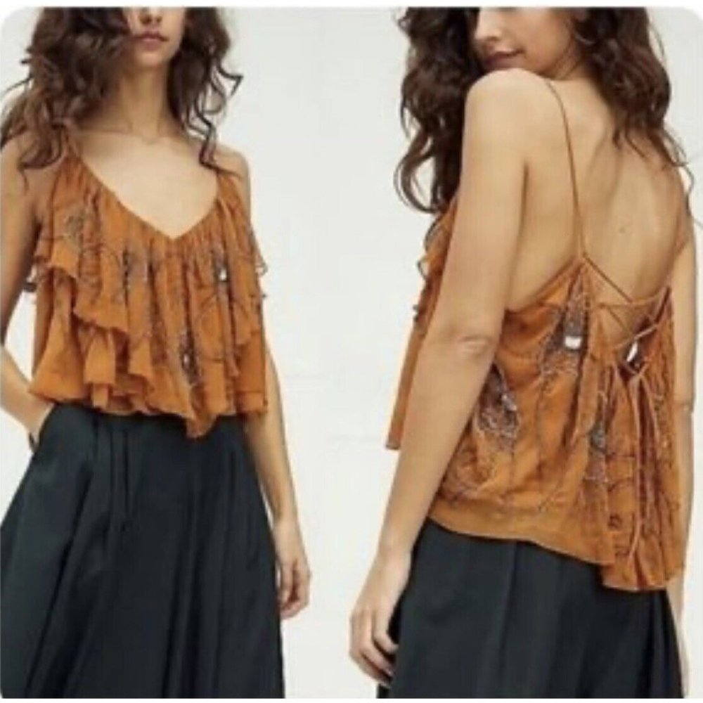 Free People Rust Orange Ruffled Lace-Back Cami